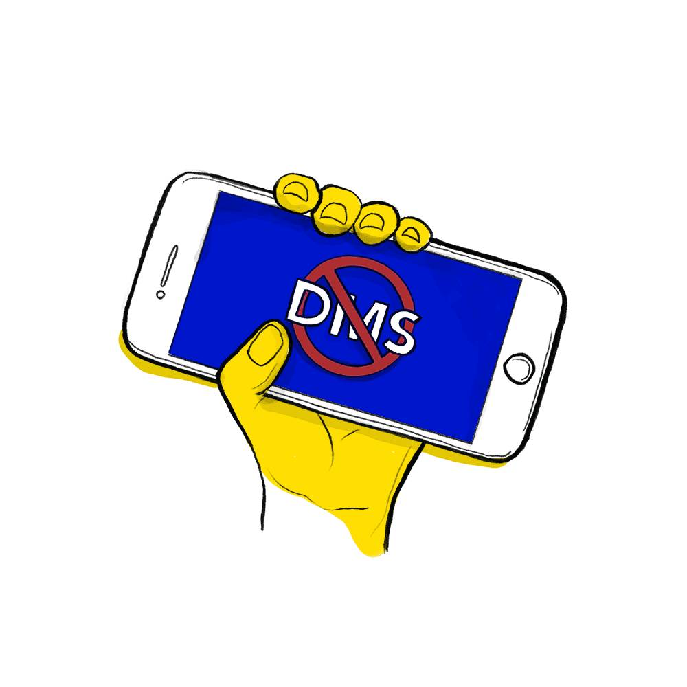 Fist protesting - holding a phone with a No DMS sign on the screen.